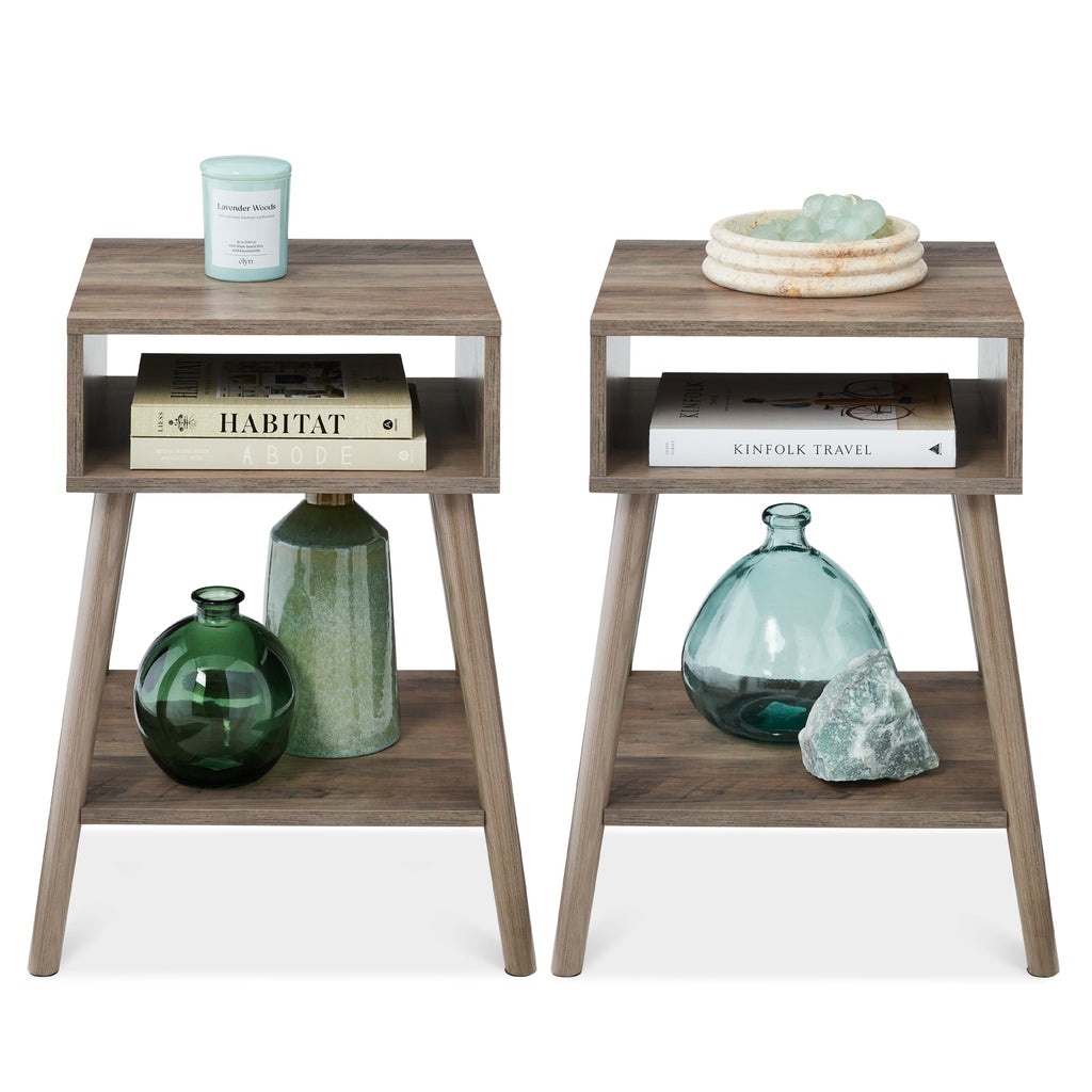 Set of 2 Mid-Century Modern End Tables w/ Cubby Shelf