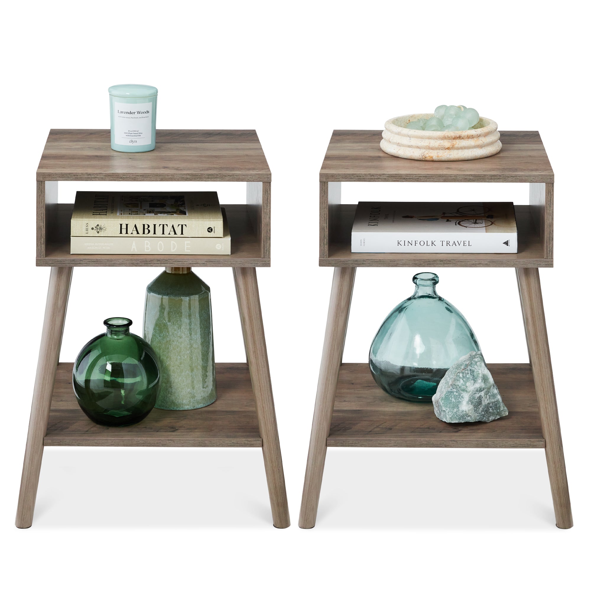 Set of 2 Mid-Century Modern End Tables w/ Cubby Shelf