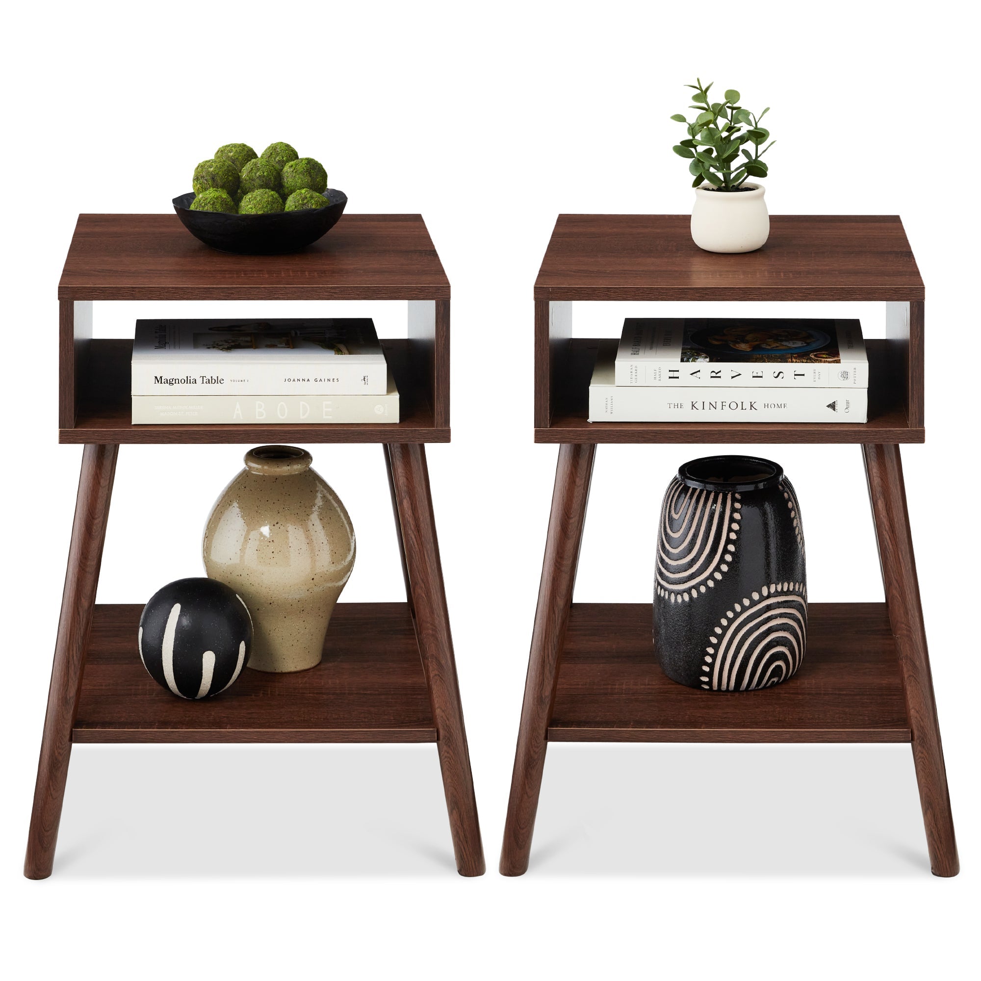 Set of 2 Mid-Century Modern End Tables w/ Cubby Shelf