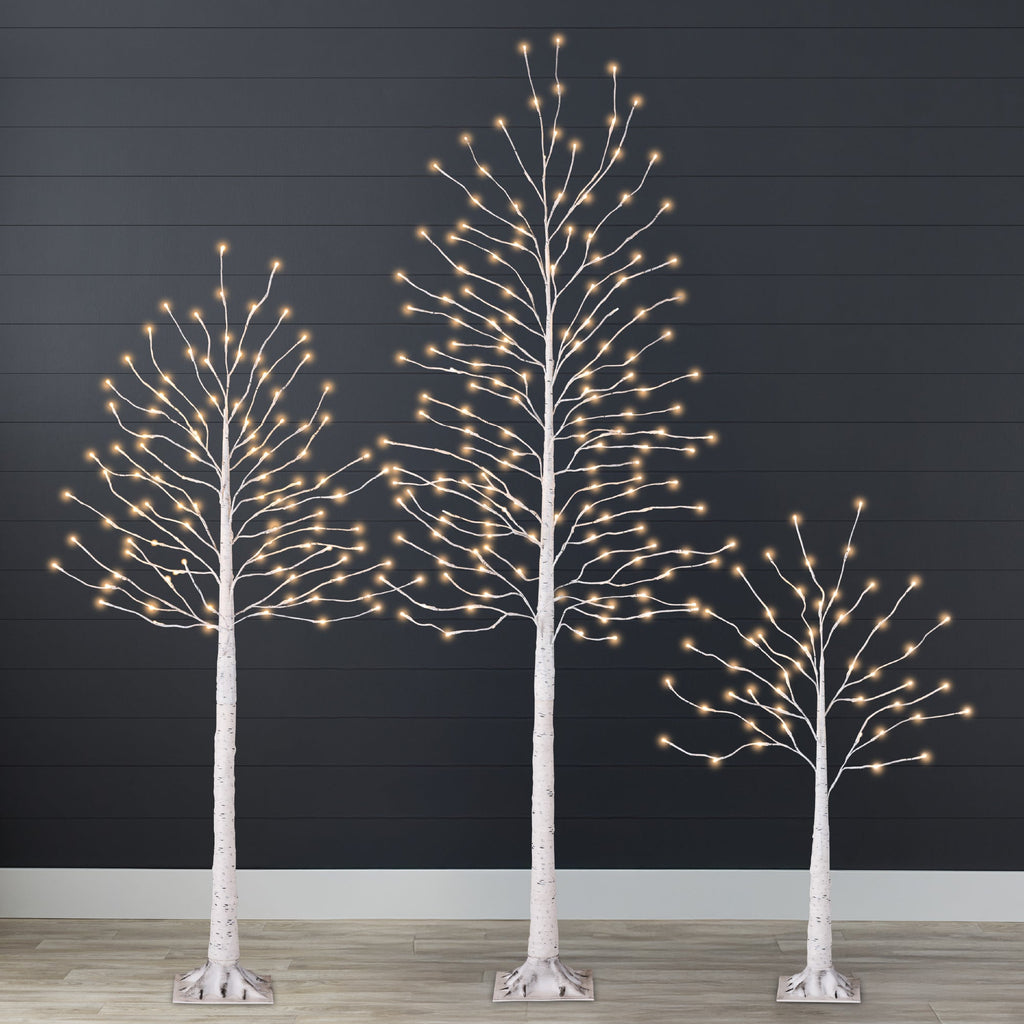 Set of 3 Lighted Twig Birch Trees 4ft 6ft 8ft w/ 300 2-in-1 LEDs