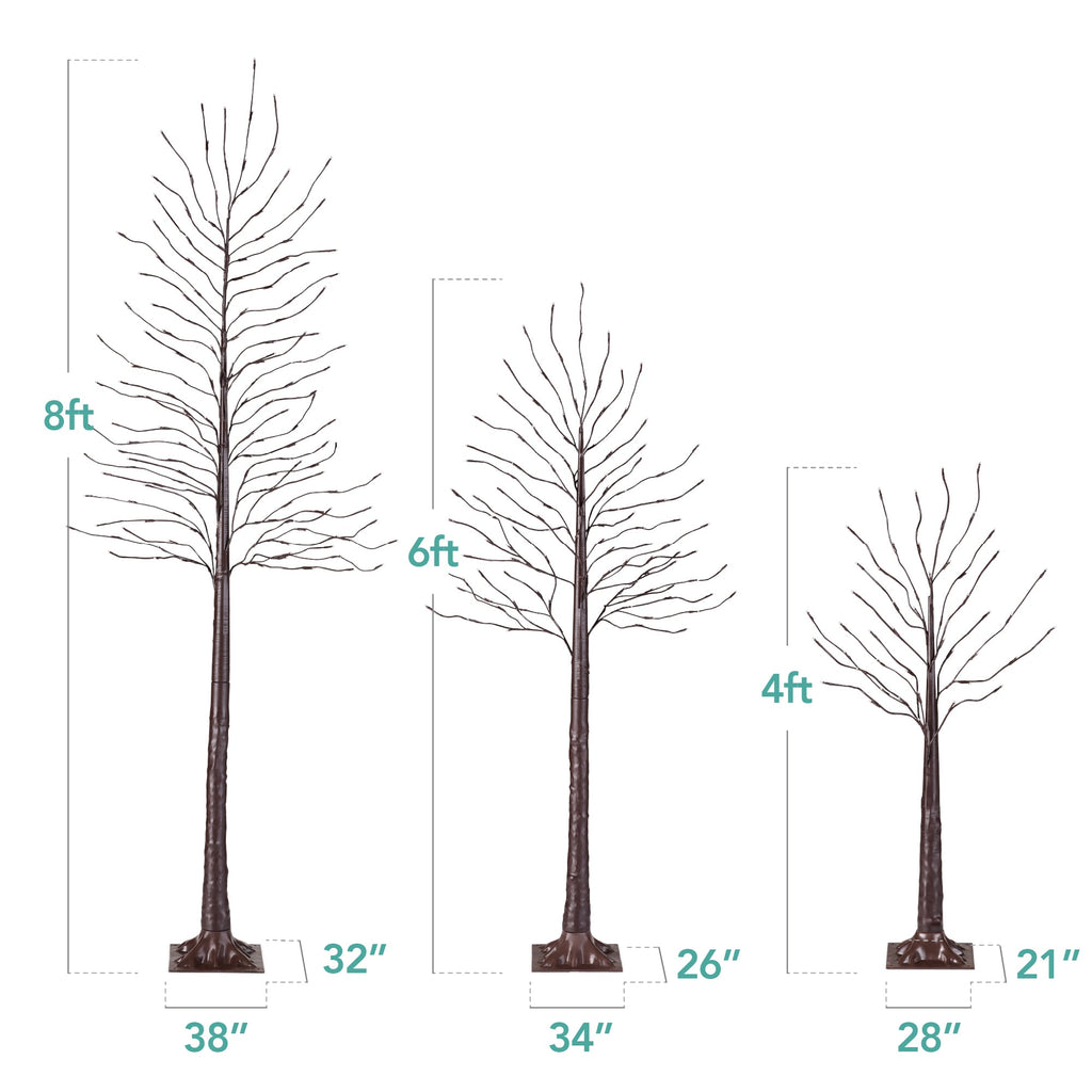 Set of 3 Lighted Twig Birch Trees 4ft 6ft 8ft w/ 300 2-in-1 LEDs