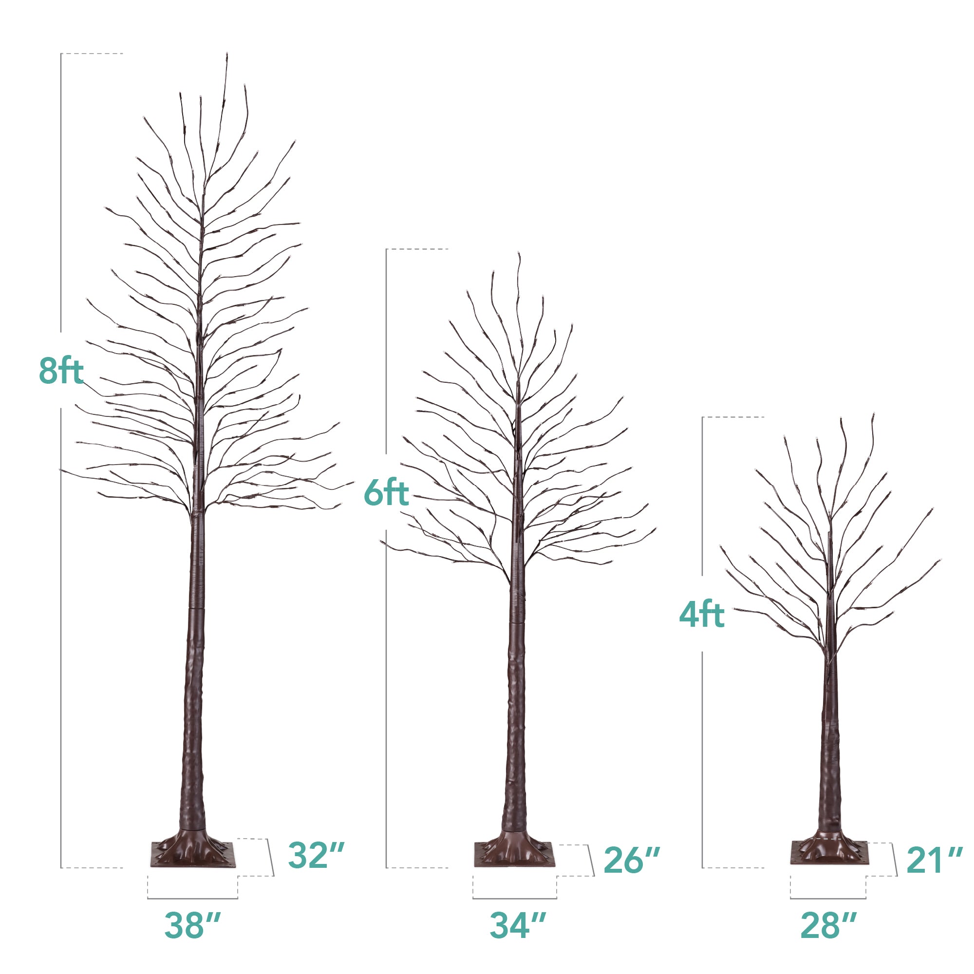 Set of 3 Lighted Twig Birch Trees 4ft 6ft 8ft w/ 300 2-in-1 LEDs