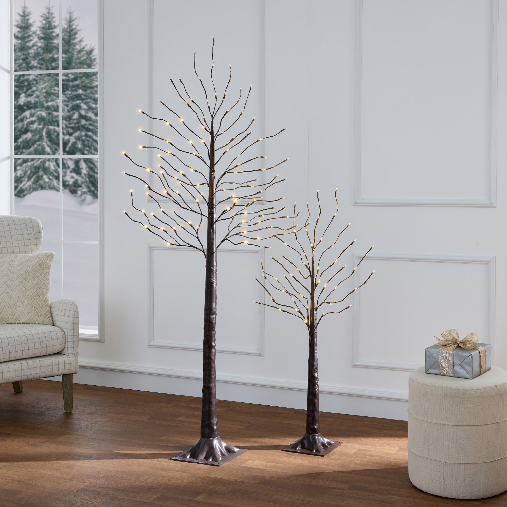 Set of 3 Lighted Twig Birch Trees 4ft 6ft 8ft w/ 300 2-in-1 LEDs