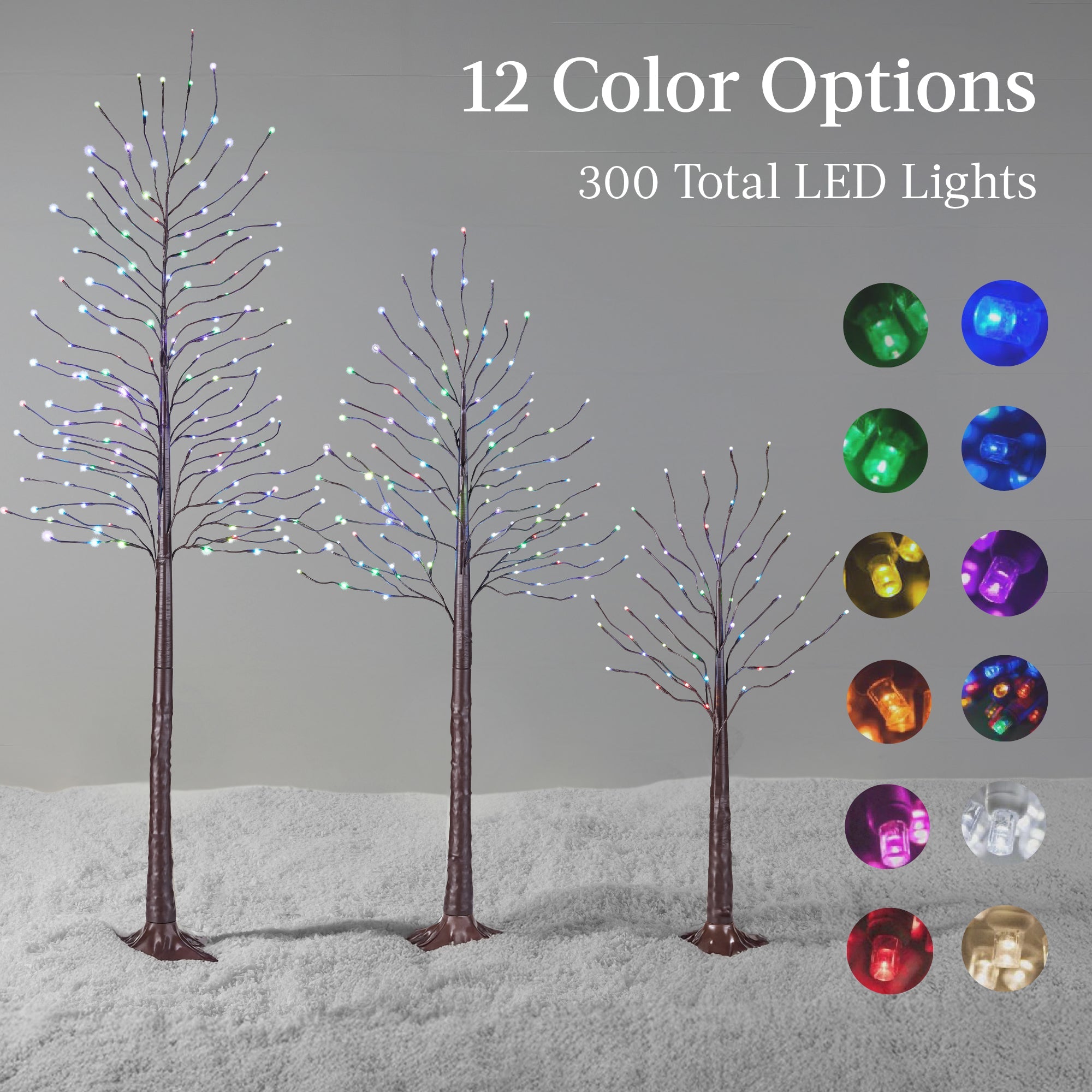 Set of 3 Lighted Twig Birch Trees 4ft 6ft 8ft w/ 300 2-in-1 LEDs