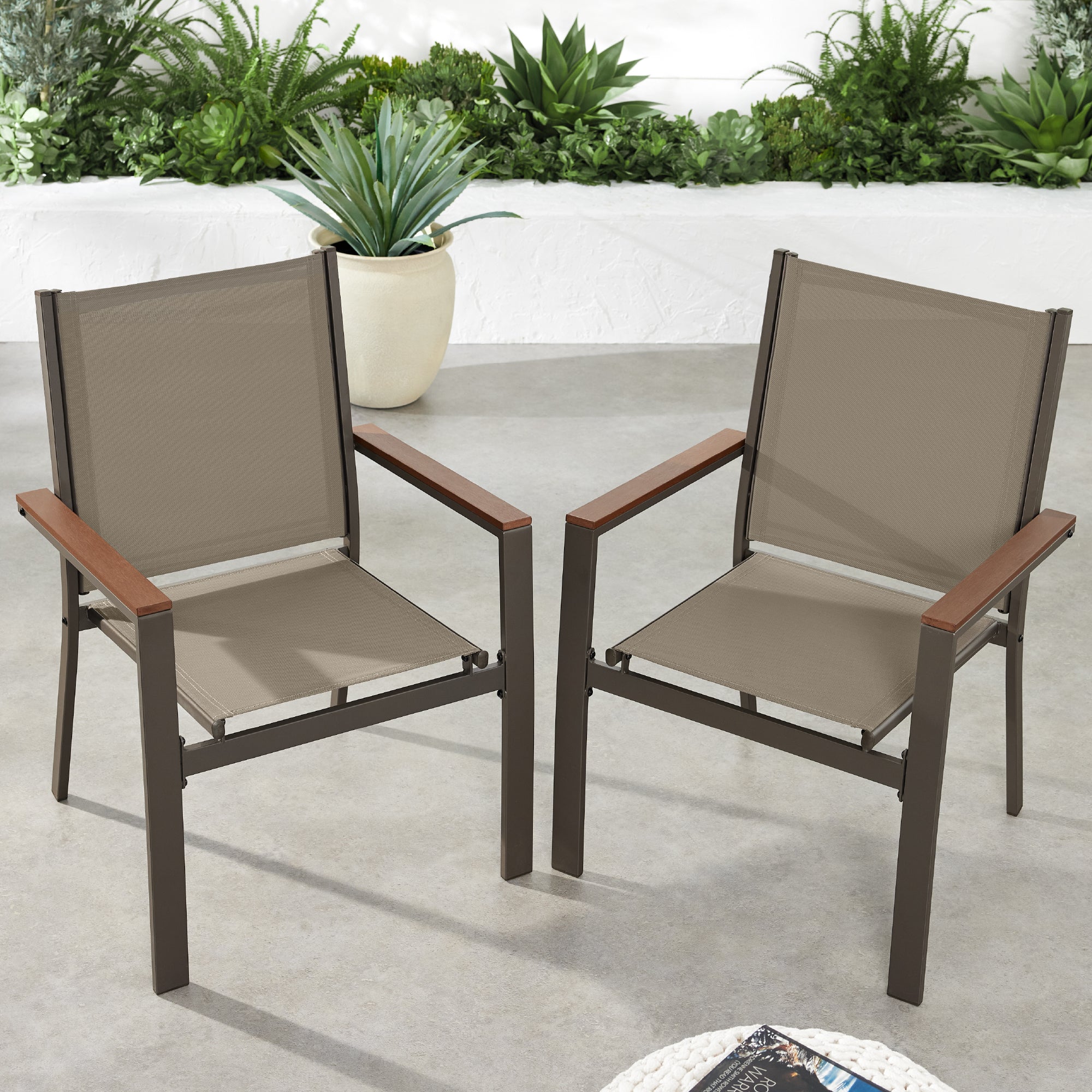 Set of 2 Stackable Textilene Chairs w/ Armrests Dining Accent Furniture