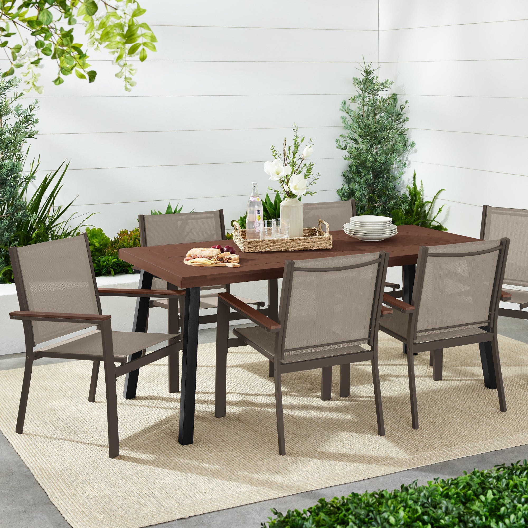 Set of 2 Stackable Textilene Chairs w/ Armrests Dining Accent Furniture