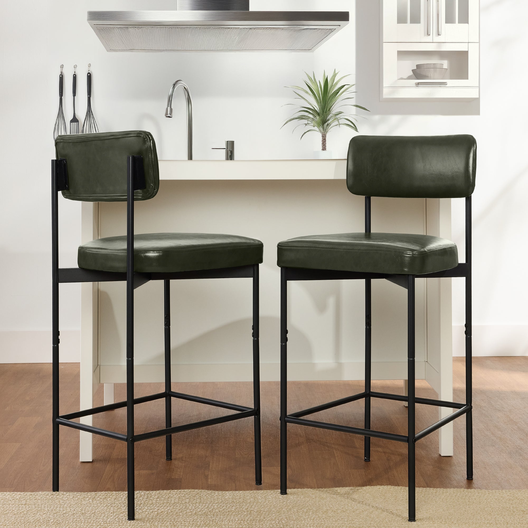 Set of 2 Armless Counter Height Bar Stools Modern PU Faux Leather Stools