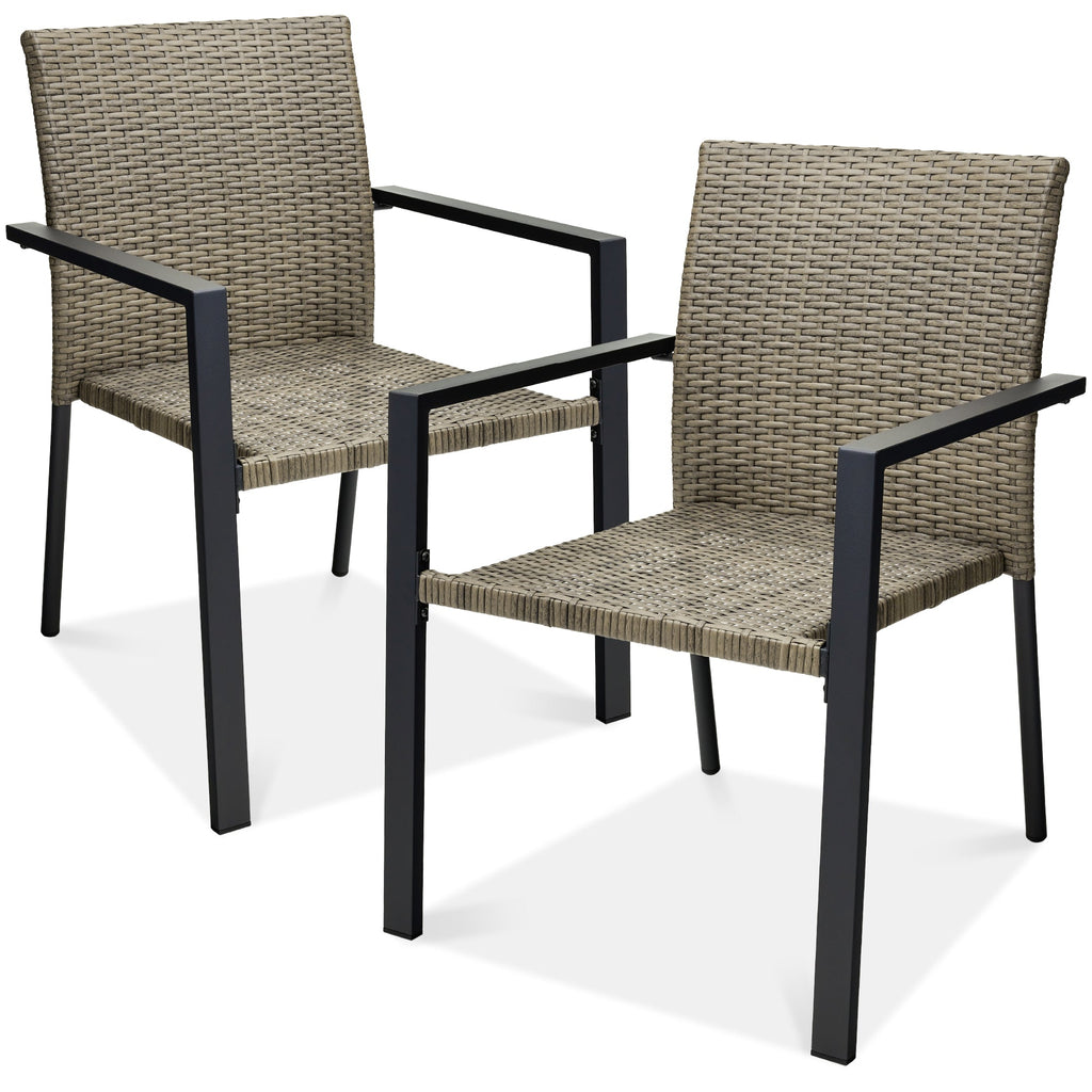 Set of 2 Stackable Wicker Chairs w/ Armrests Steel Accent Furniture