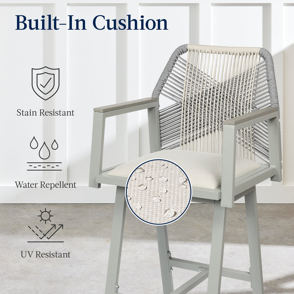 Set of 2 Indoor/Outdoor Aluminum Swivel Barstools with Arms All-Weather Rope