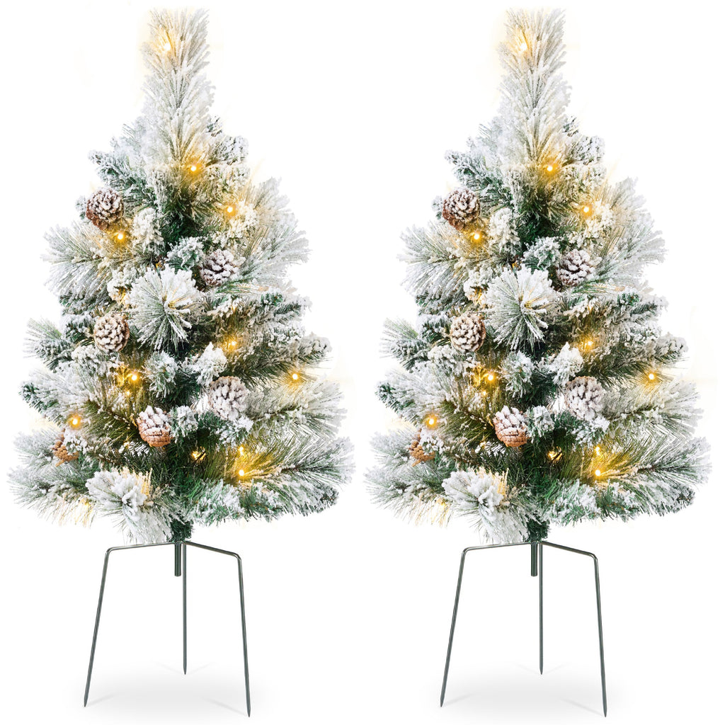 Set of 2 Pre-Lit Pathway Christmas Trees w/ Pine Cones Timer - 24.5in