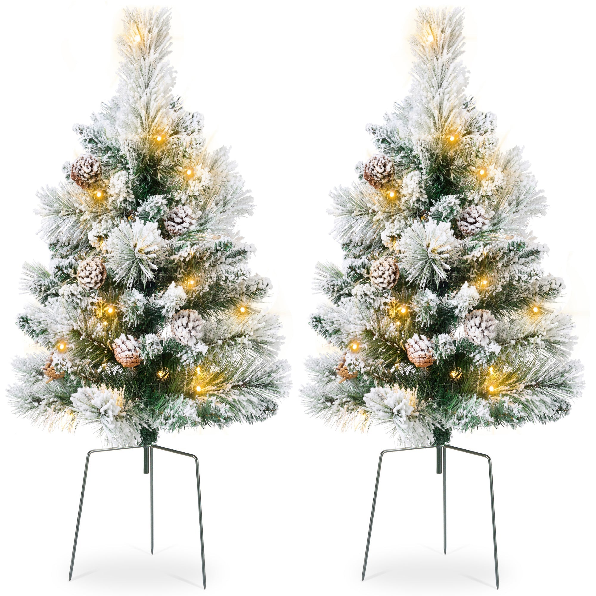 Set of 2 Pre-Lit Pathway Christmas Trees w/ Pine Cones Timer - 24.5in