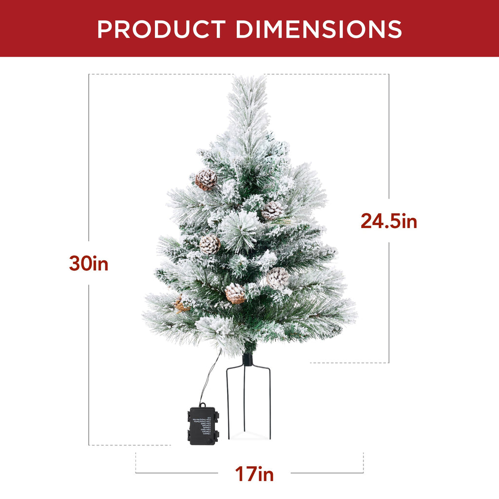 Set of 2 Pre-Lit Pathway Christmas Trees w/ Pine Cones Timer - 24.5in