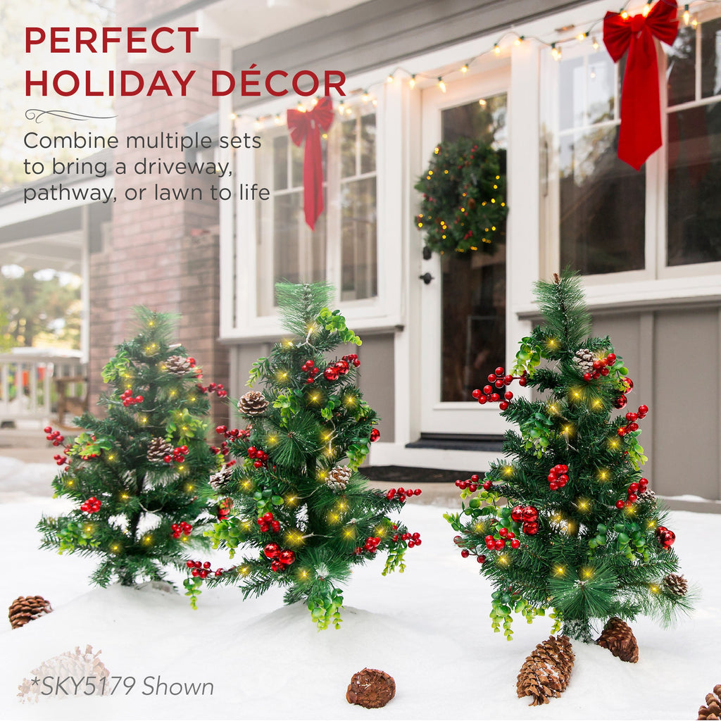 Set of 2 Pre-Lit Pathway Christmas Trees w/ Pine Cones Timer - 24.5in