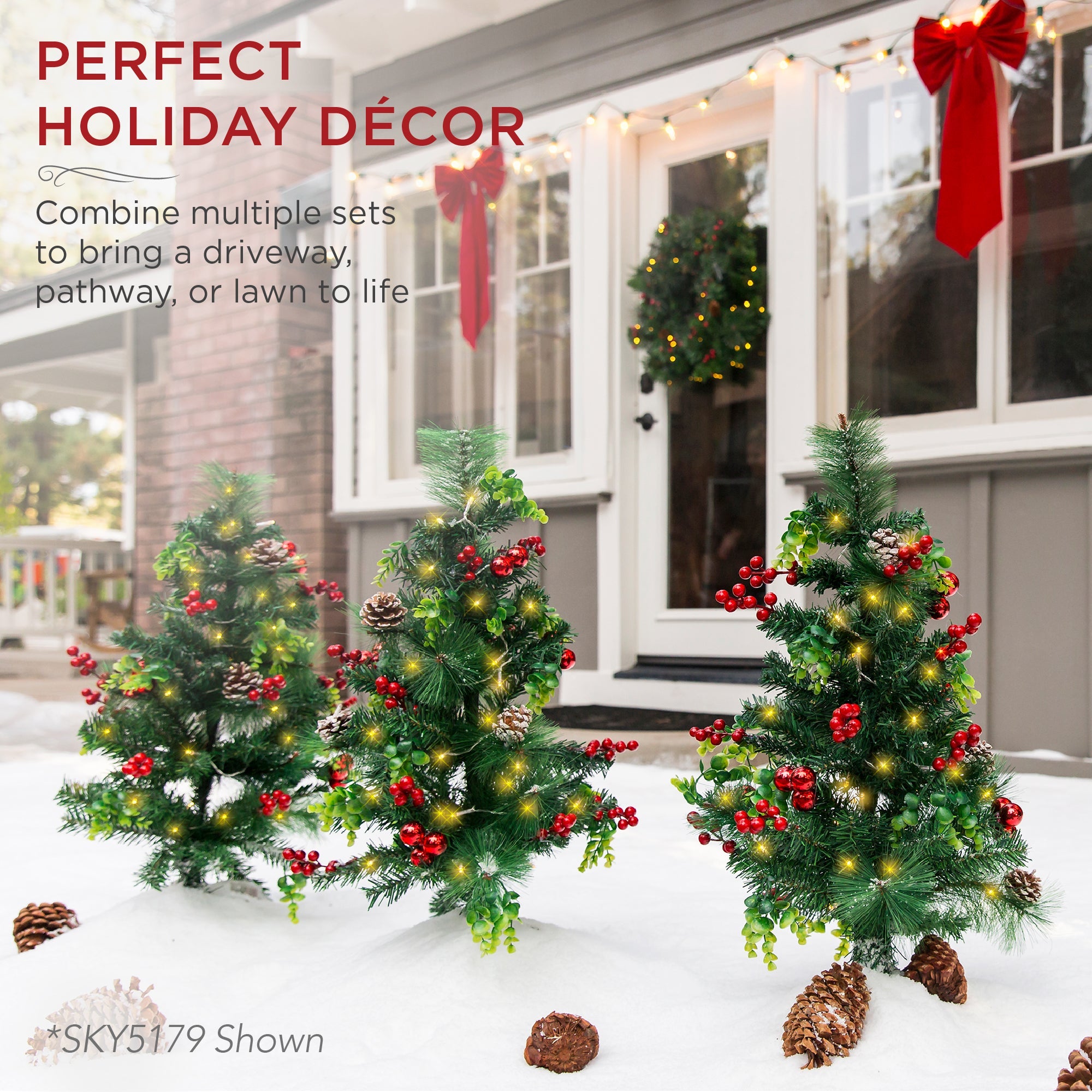 Set of 2 Pre-Lit Pathway Christmas Trees w/ Pine Cones Timer - 24.5in