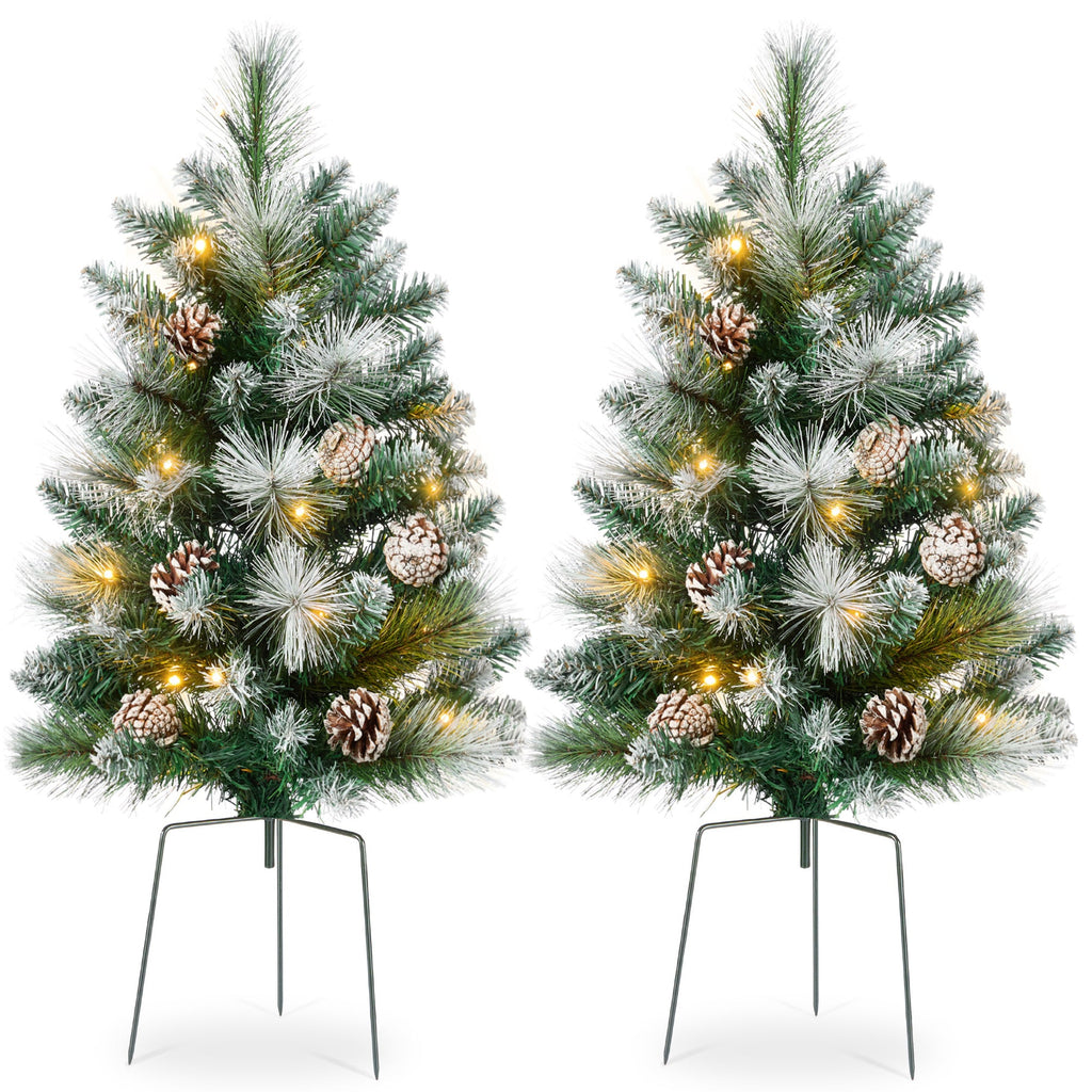 Set of 2 Pre-Lit Pathway Christmas Trees w/ Pine Cones Timer - 24.5in