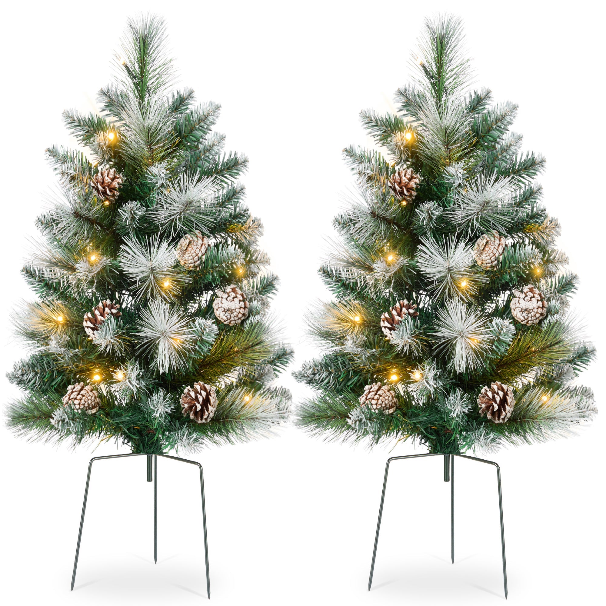 Set of 2 Pre-Lit Pathway Christmas Trees w/ Pine Cones Timer - 24.5in