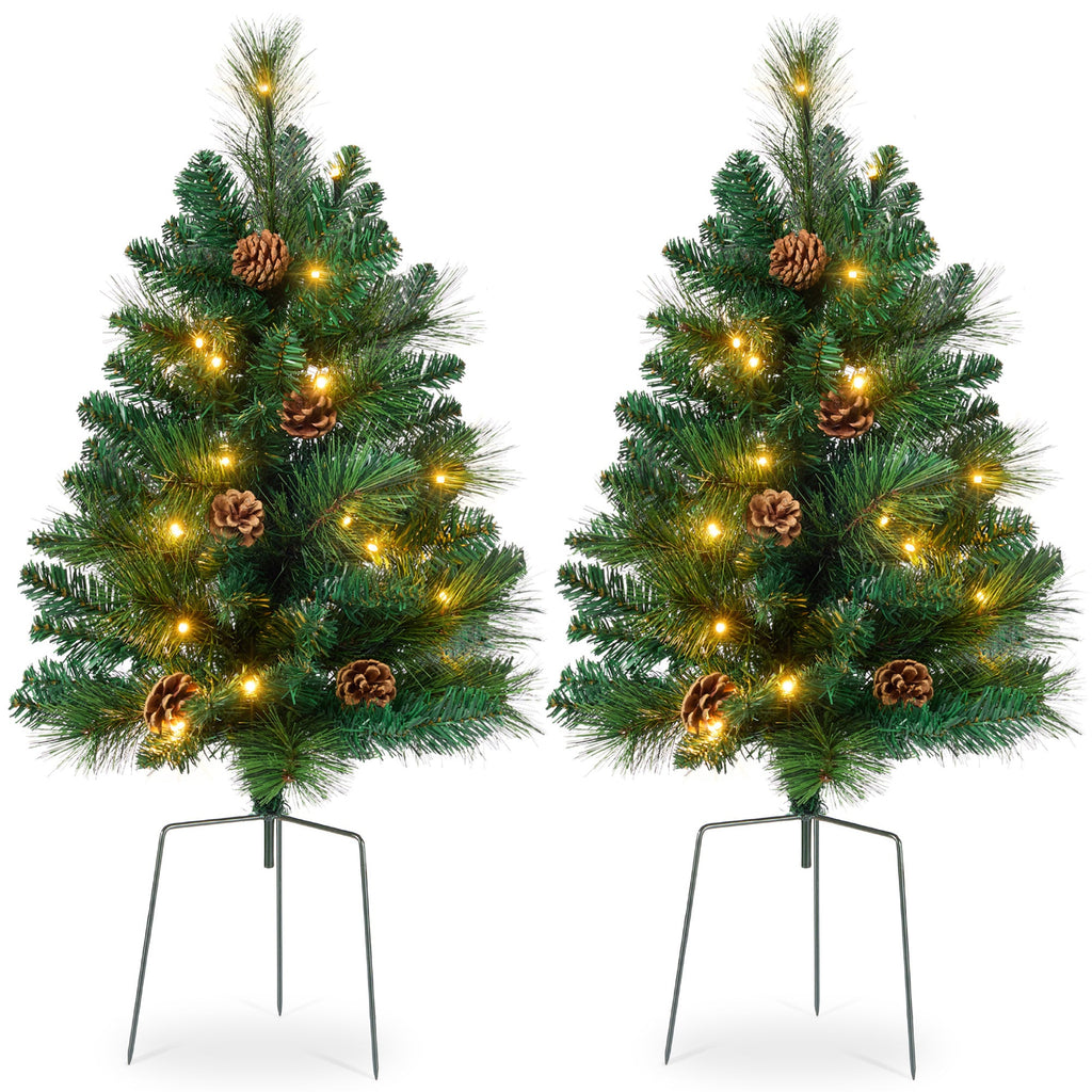 Set of 2 Pre-Lit Pathway Christmas Trees w/ Pine Cones Timer - 24.5in