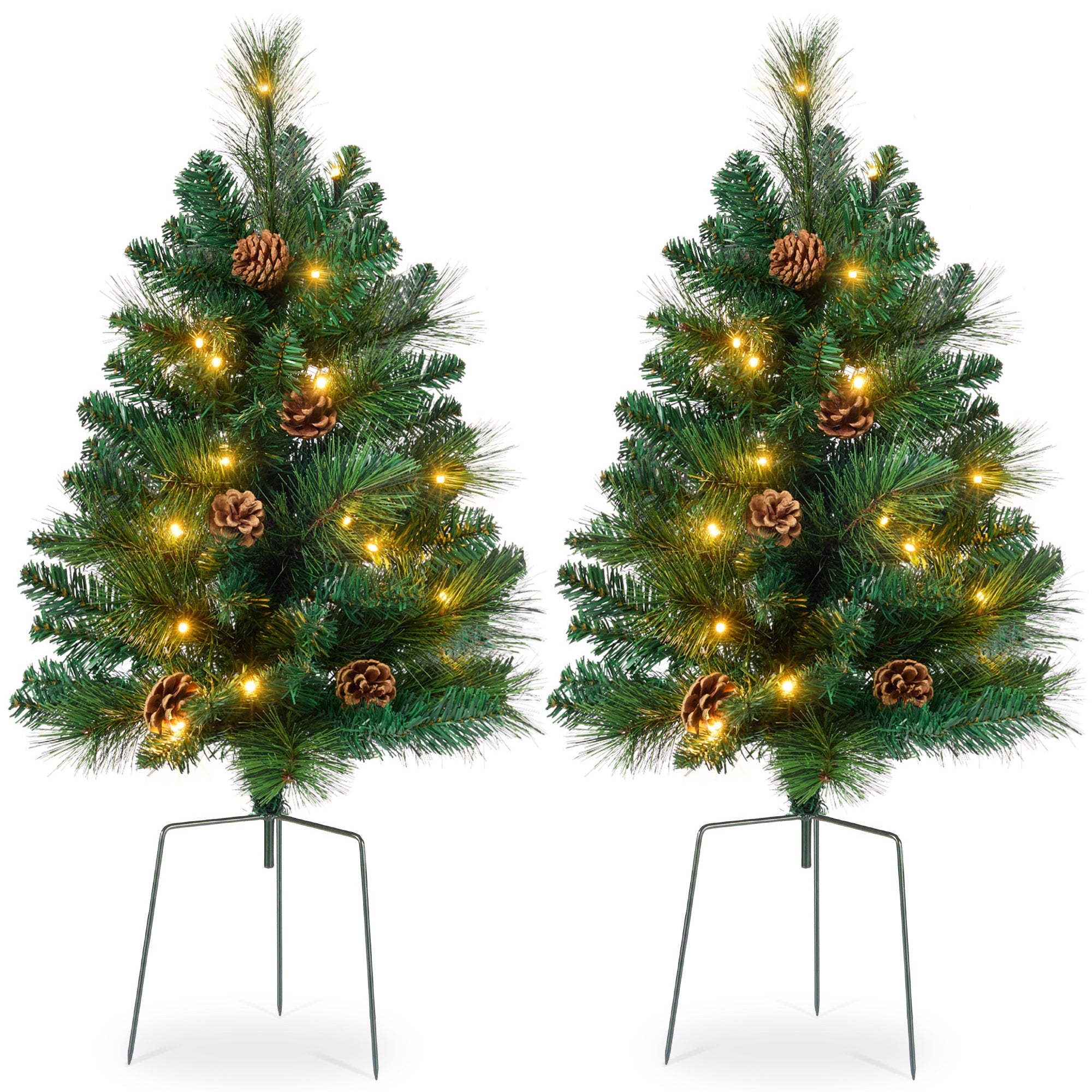 Set of 2 Pre-Lit Pathway Christmas Trees w/ Pine Cones Timer - 24.5in