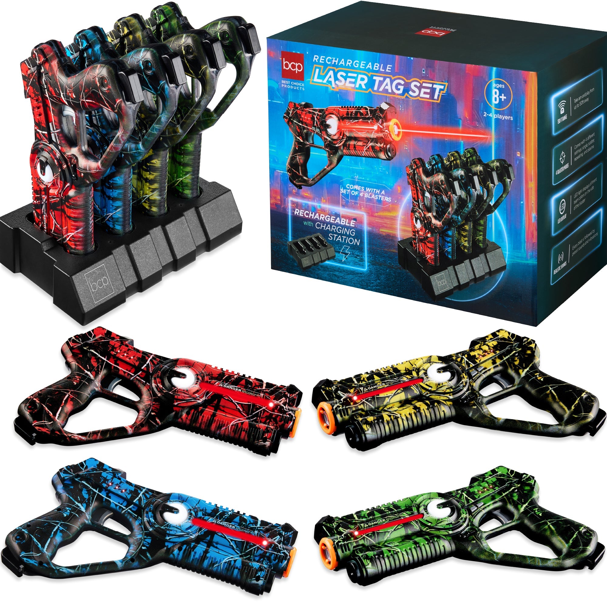 Set of 4 Rechargeable Laser Tag Blasters w/ Docking Station No Vests Needed
