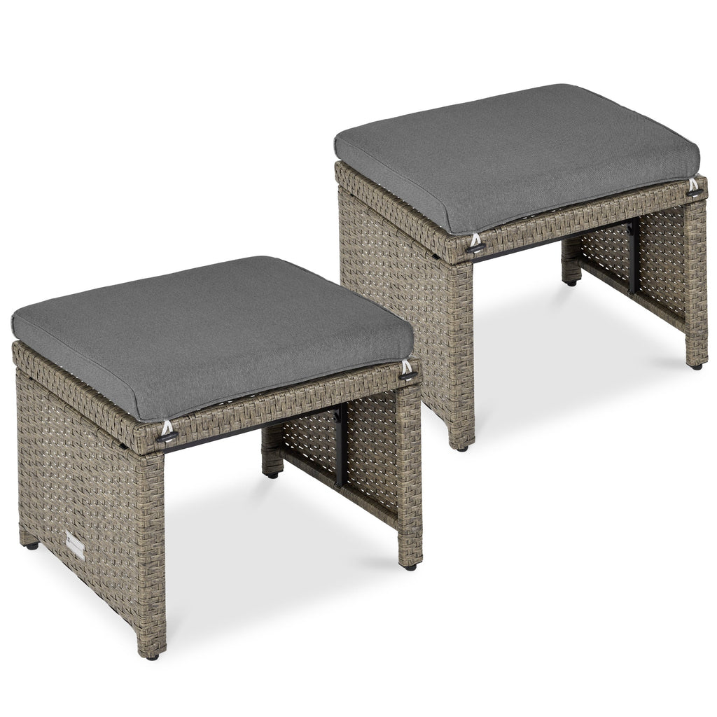Set of 2 Multipurpose Wicker Ottomans w/ Removable Cushions Steel Frame