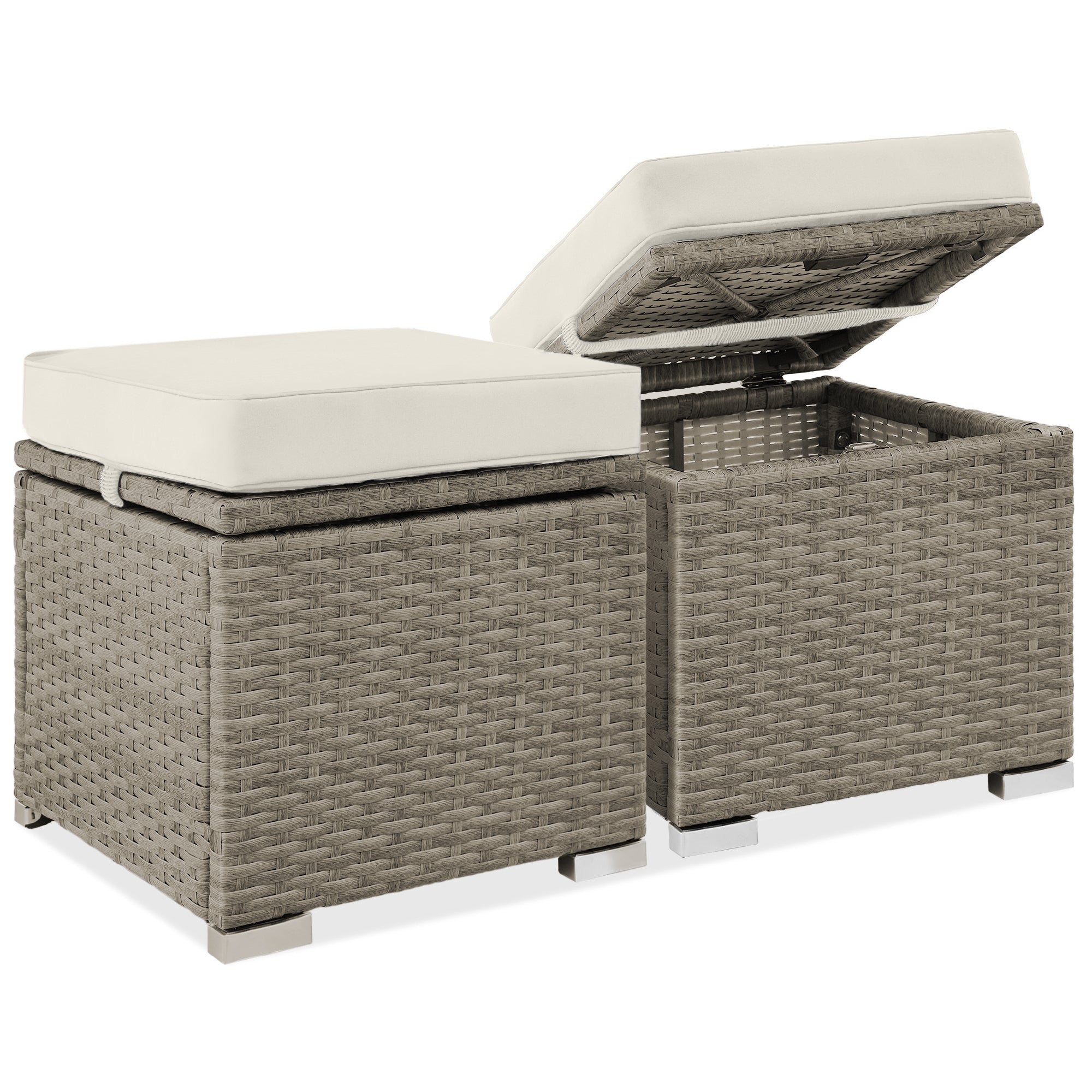 Set of 2 Wicker Ottomans Multipurpose w/ Removable Cushions Steel Frame