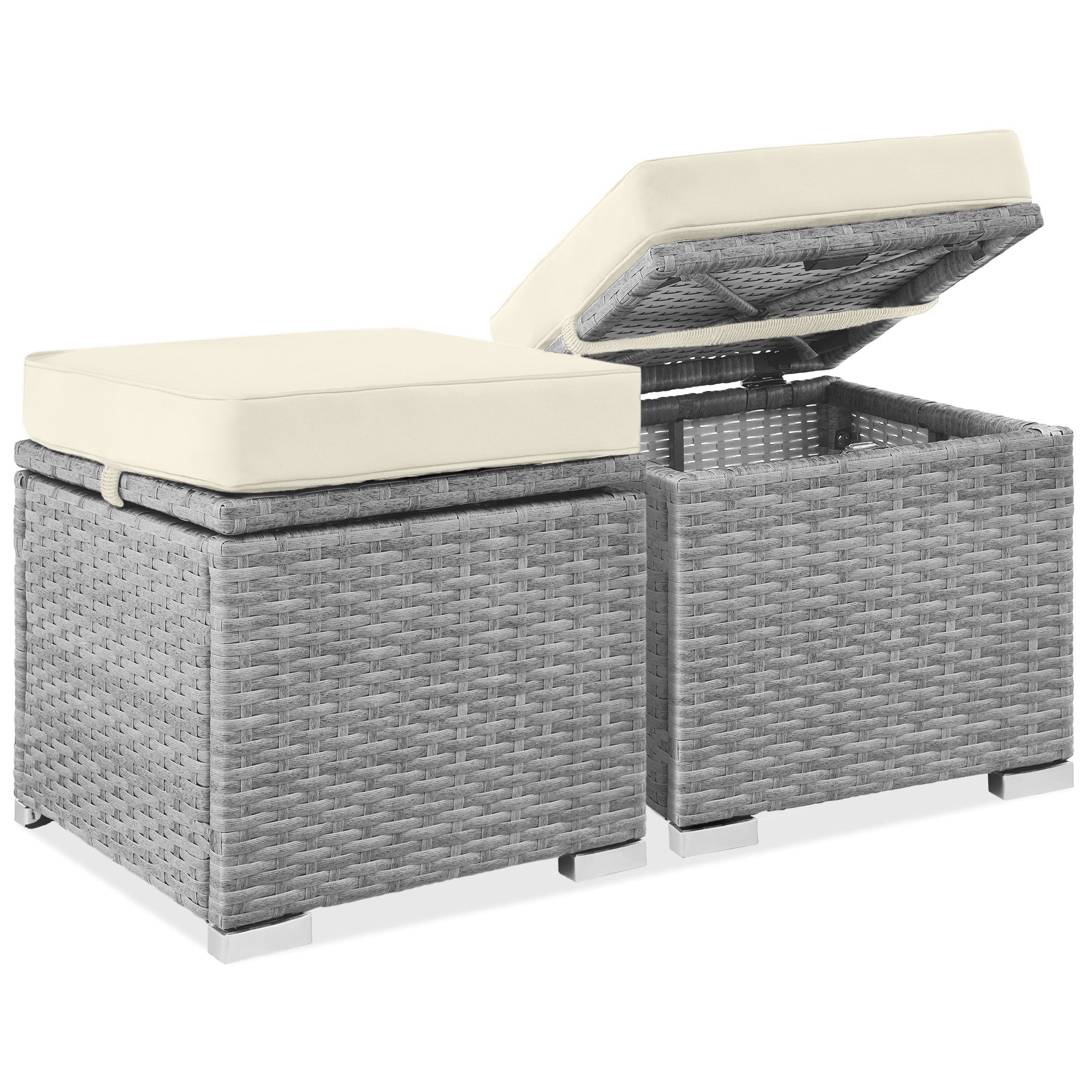 Set of 2 Wicker Ottomans Multipurpose w/ Removable Cushions Steel Frame