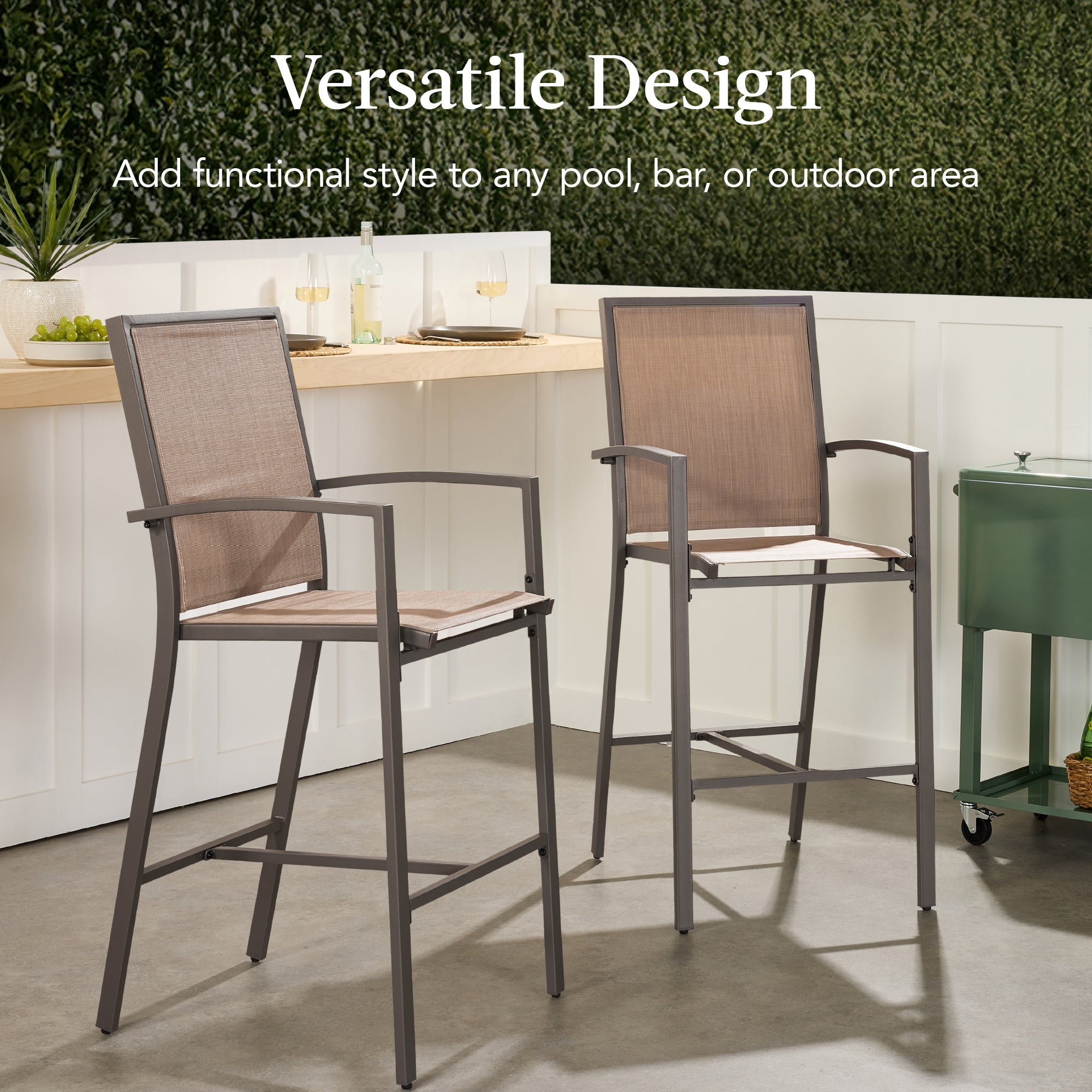 Set of 2 Outdoor Barstools Patio Chairs w/ Footrests All-Weather Mesh